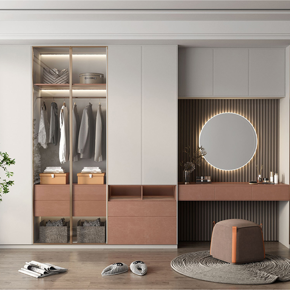 SHUIDAO Modern Integrated Wardrobe System with Built-In Vanity Dressing Table & Glass Sliding Doors