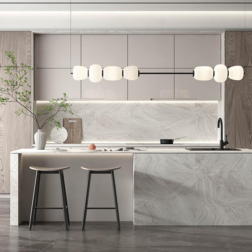 SHUIDAO Modern Two-Material Kitchen System with Wood-Grain Base, Matte Grey Upper Cabinets, Marble Backsplash & Integrated Oven Tower