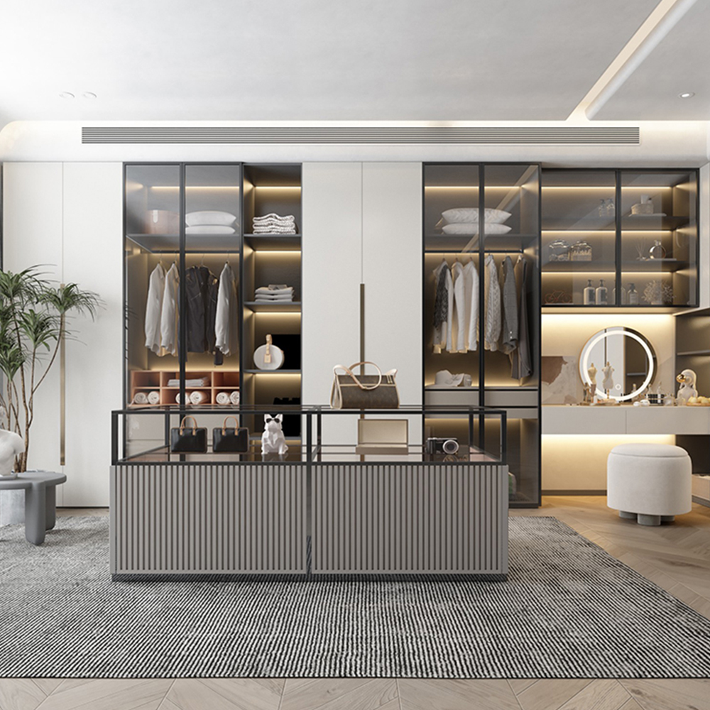 SHUIDAO Modern Integrated Wardrobe System with Built-In Vanity Dressing Table & Glass Sliding Doors