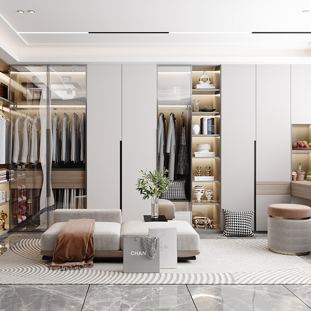 SHUIDAO Modern Integrated Wardrobe System with Built-In Vanity Dressing Table & Glass Sliding Doors