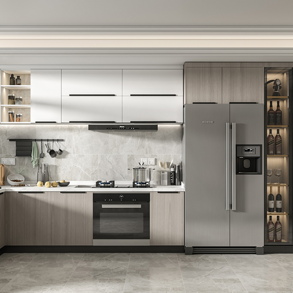 SHUIDAO Premium Straight-Run Kitchen Cabinet System with Fluted Backsplash, Open Display Niches, LED Tower & Full Appliance Integration
