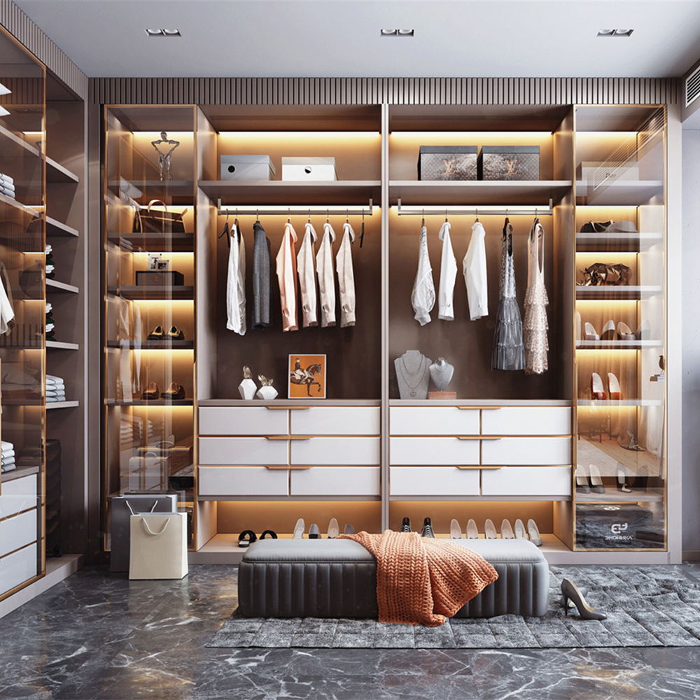 SHUIDAO Luxury Full-Wall Wardrobe System with Glass Display Centre, LED Lighting & Freestanding Island Dresser