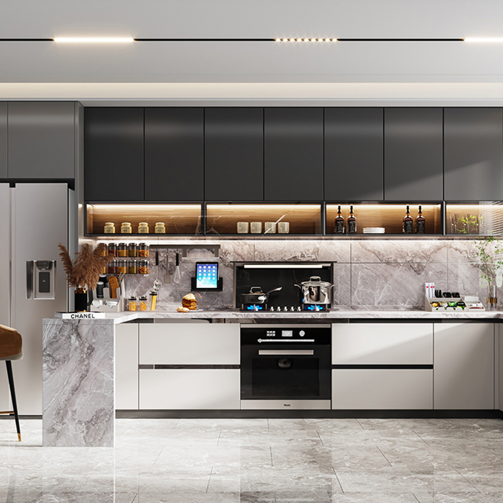 SHUIDAO Premium Straight-Run Kitchen Cabinet System with Fluted Backsplash, Open Display Niches, LED Tower & Full Appliance Integration