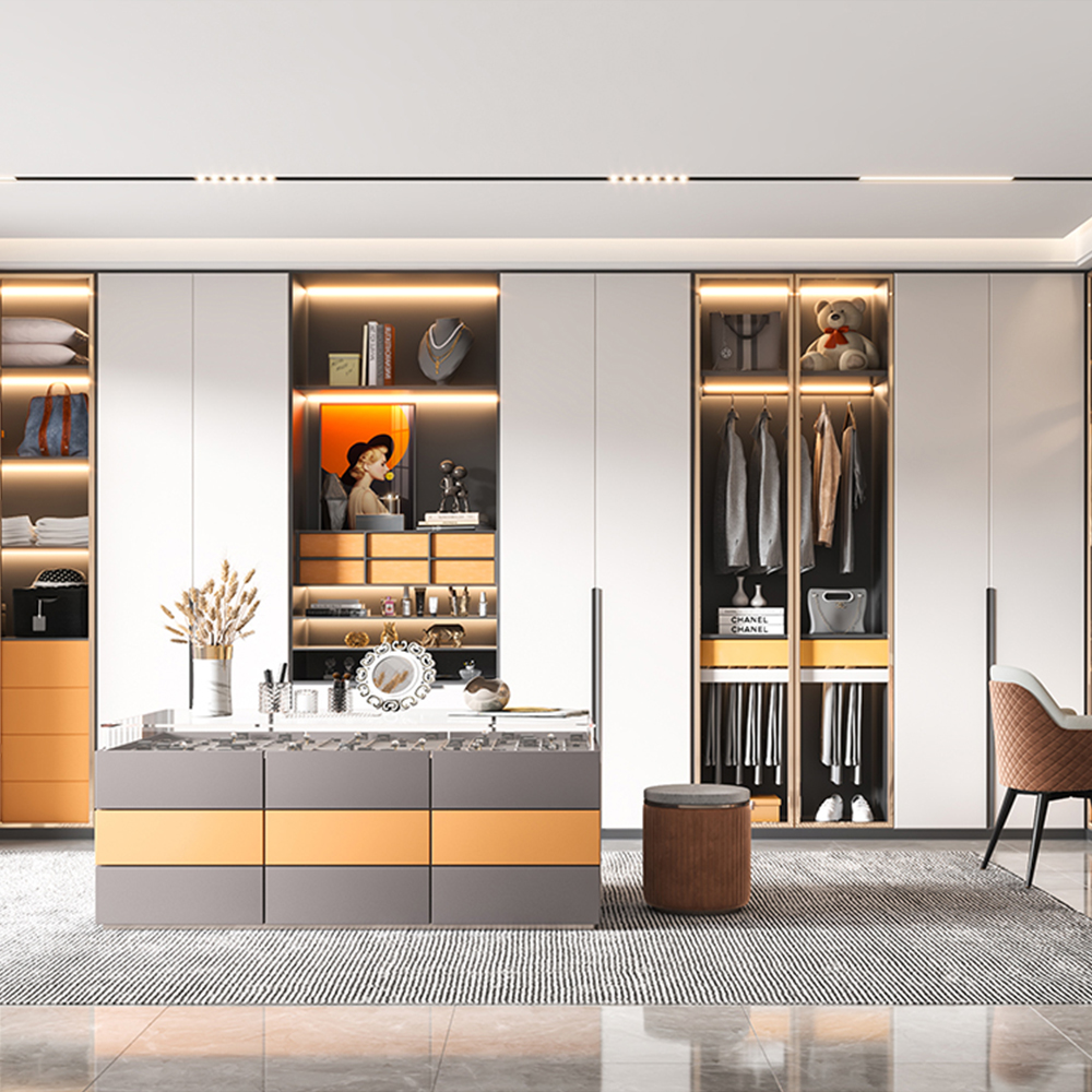 SHUIDAO Luxury Full-Wall Wardrobe System with Glass Display Centre, LED Lighting & Freestanding Island Dresser