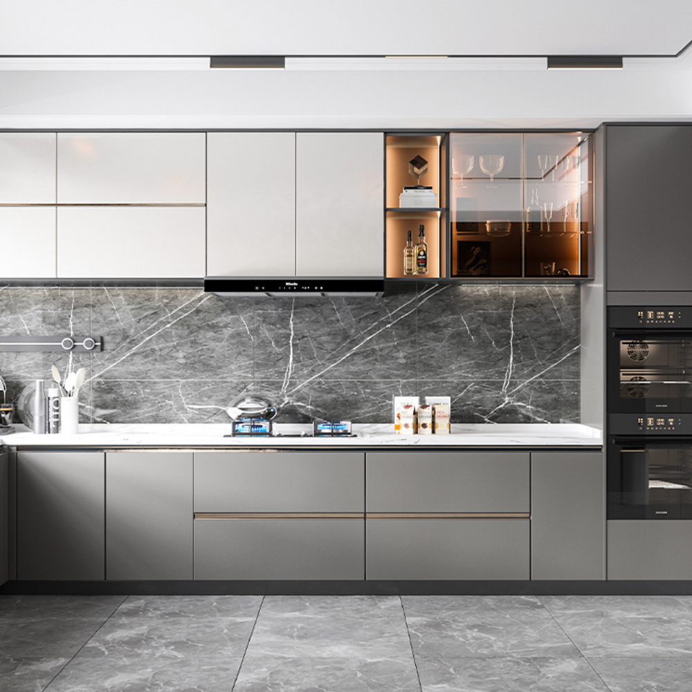 SHUIDAO Premium Straight-Run Kitchen Cabinet System with Fluted Backsplash, Open Display Niches, LED Tower & Full Appliance Integration