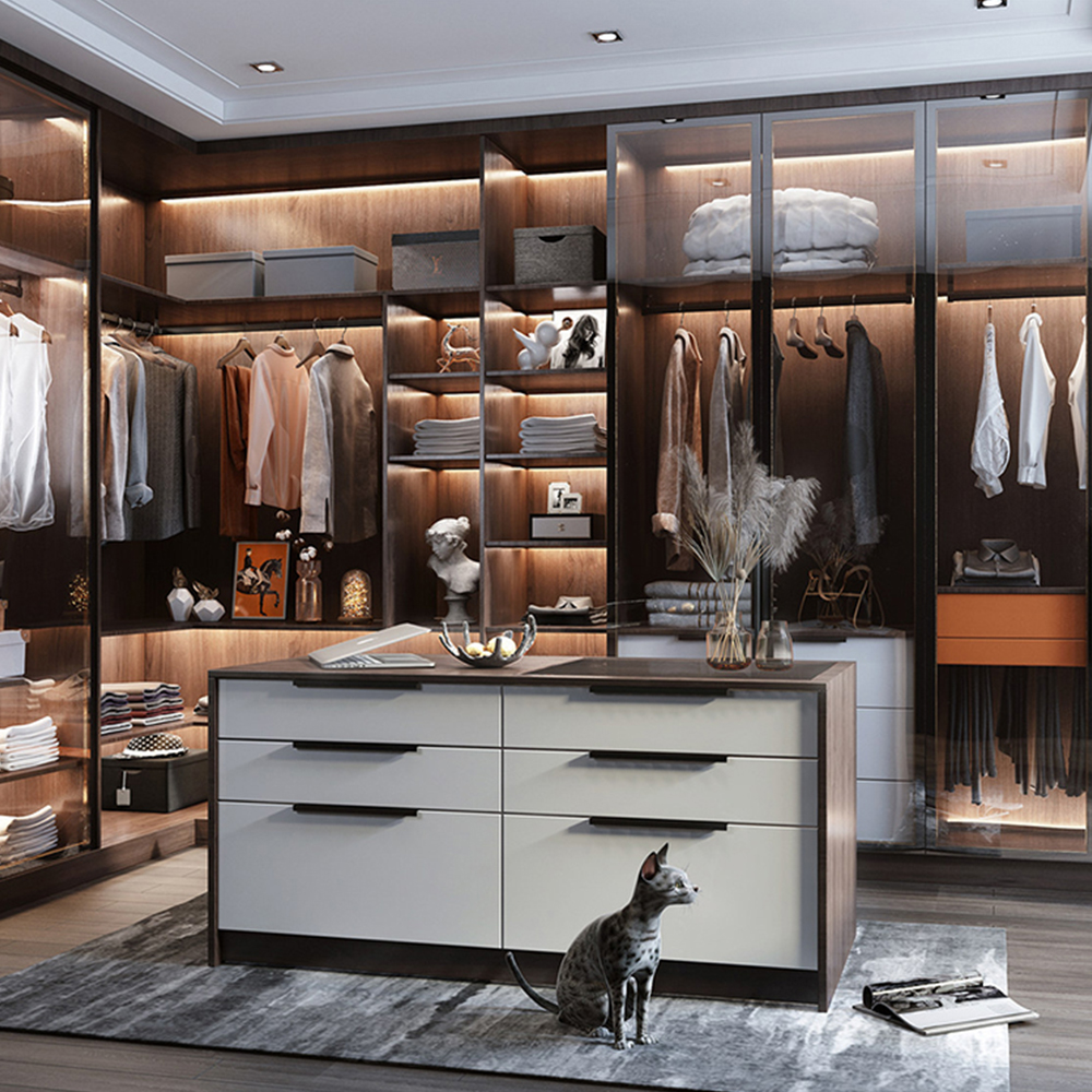SHUIDAO Luxury Full-Wall Wardrobe System with Glass Display Centre, LED Lighting & Freestanding Island Dresser