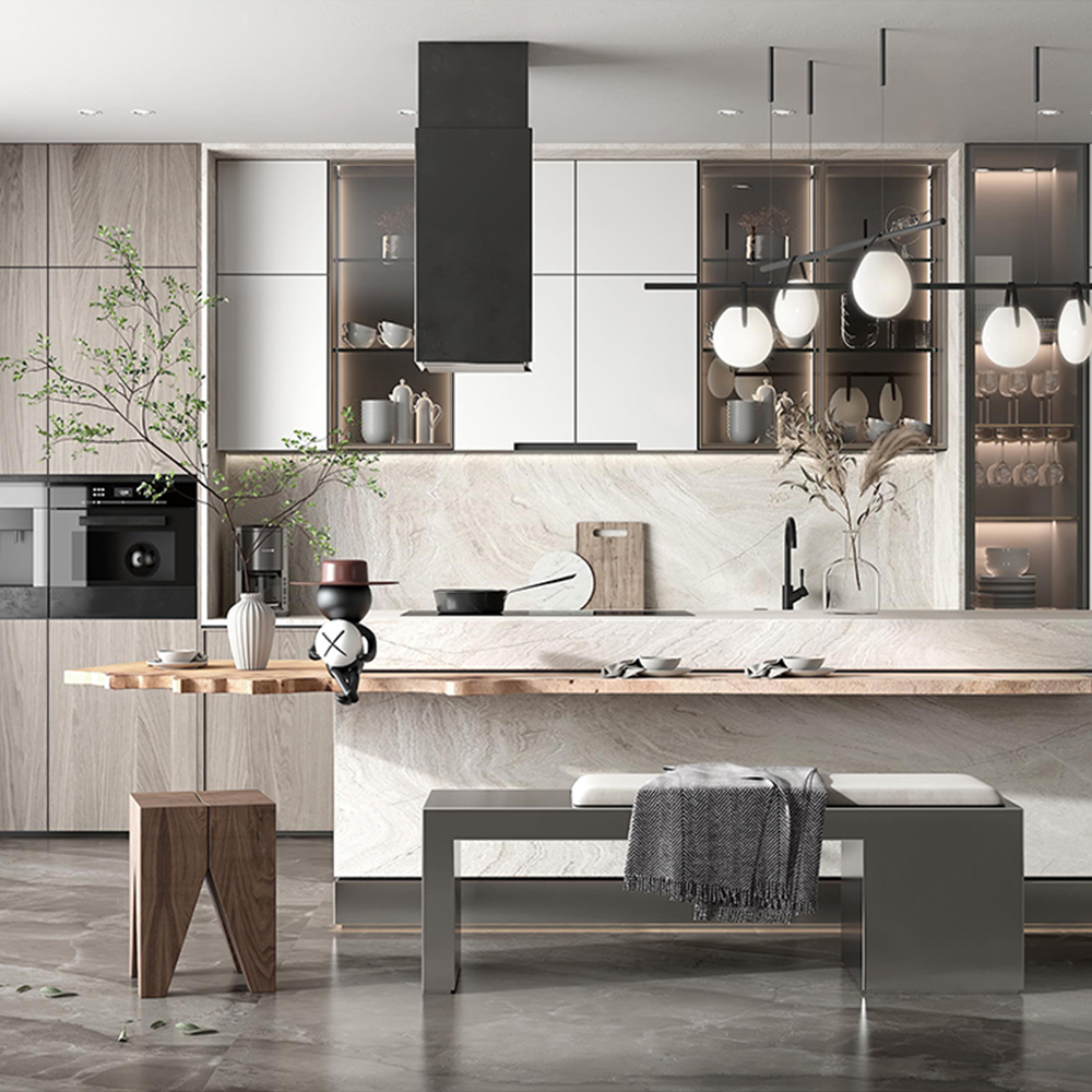 SHUIDAO Premium Straight-Run Kitchen Cabinet System with Fluted Backsplash, Open Display Niches, LED Tower & Full Appliance Integration