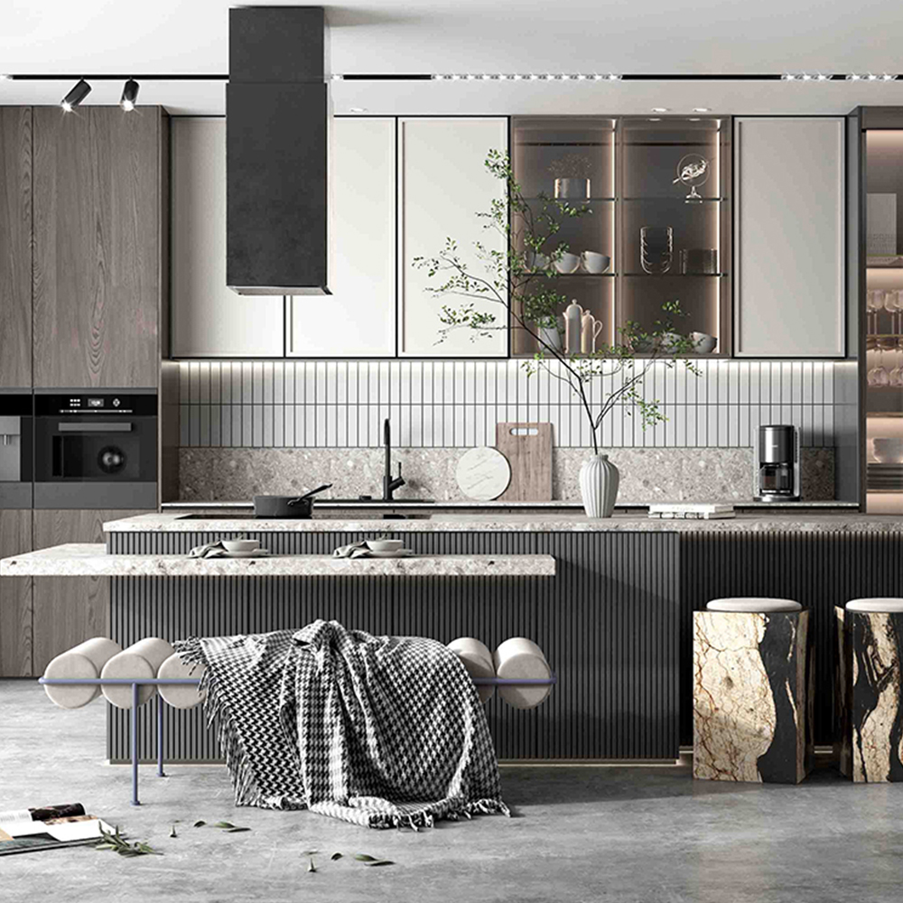 SHUIDAO Premium Straight-Run Kitchen Cabinet System with Fluted Backsplash, Open Display Niches, LED Tower & Full Appliance Integration