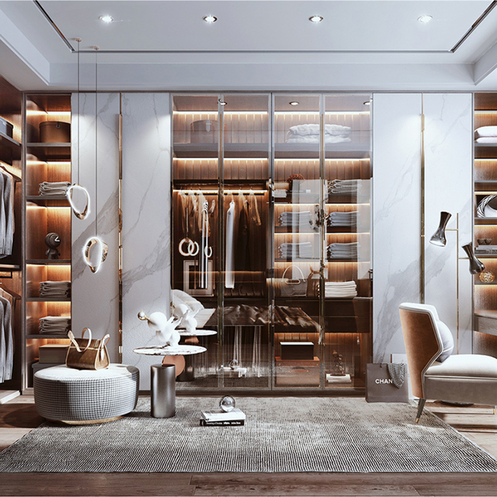 SHUIDAO Luxury Full-Wall Wardrobe System with Glass Display Centre, LED Lighting & Freestanding Island Dresser