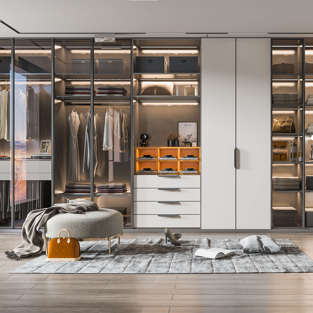 SHUIDAO Luxury Open Walk-In Wardrobe Suite with LED Shelving, Centre Jewellery Island & Vanity Station