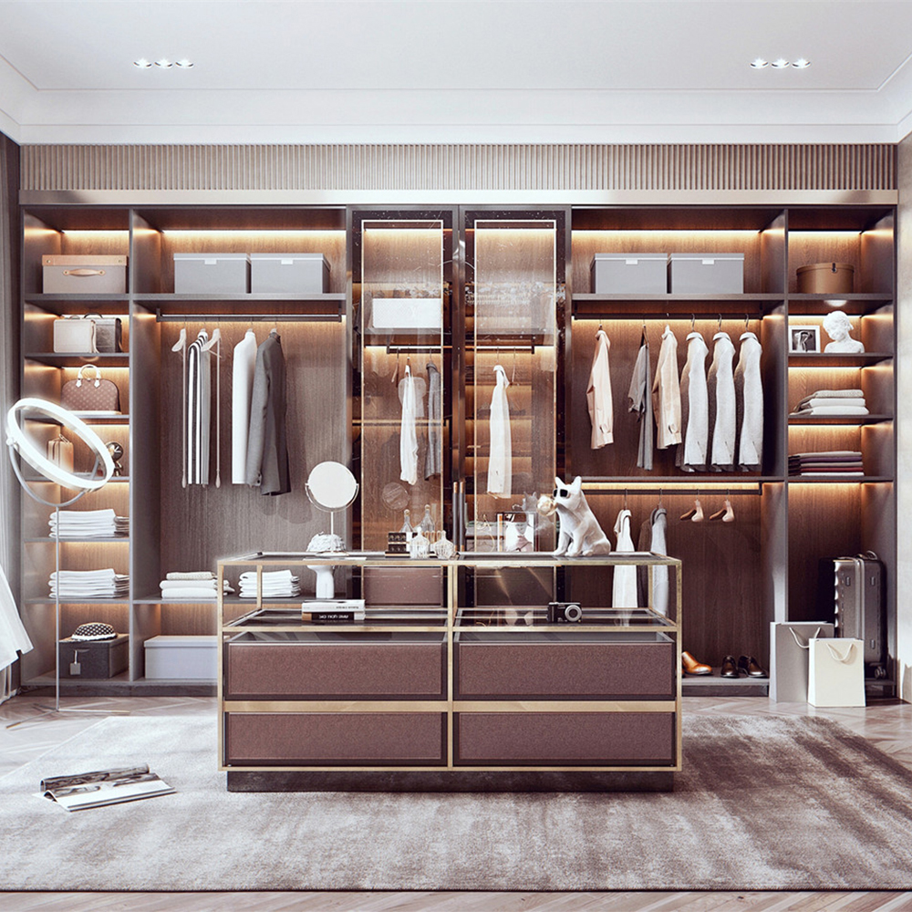 SHUIDAO Modern Full-Wall Wardrobe System with Glass Sliding Doors, LED Lighting & Modular Drawer Unit