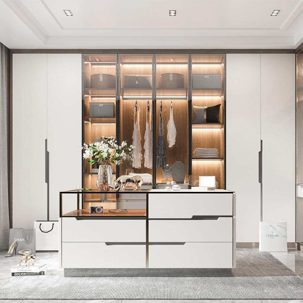 SHUIDAO Modern Full-Wall Wardrobe System with Glass Sliding Doors, LED Lighting & Modular Drawer Unit