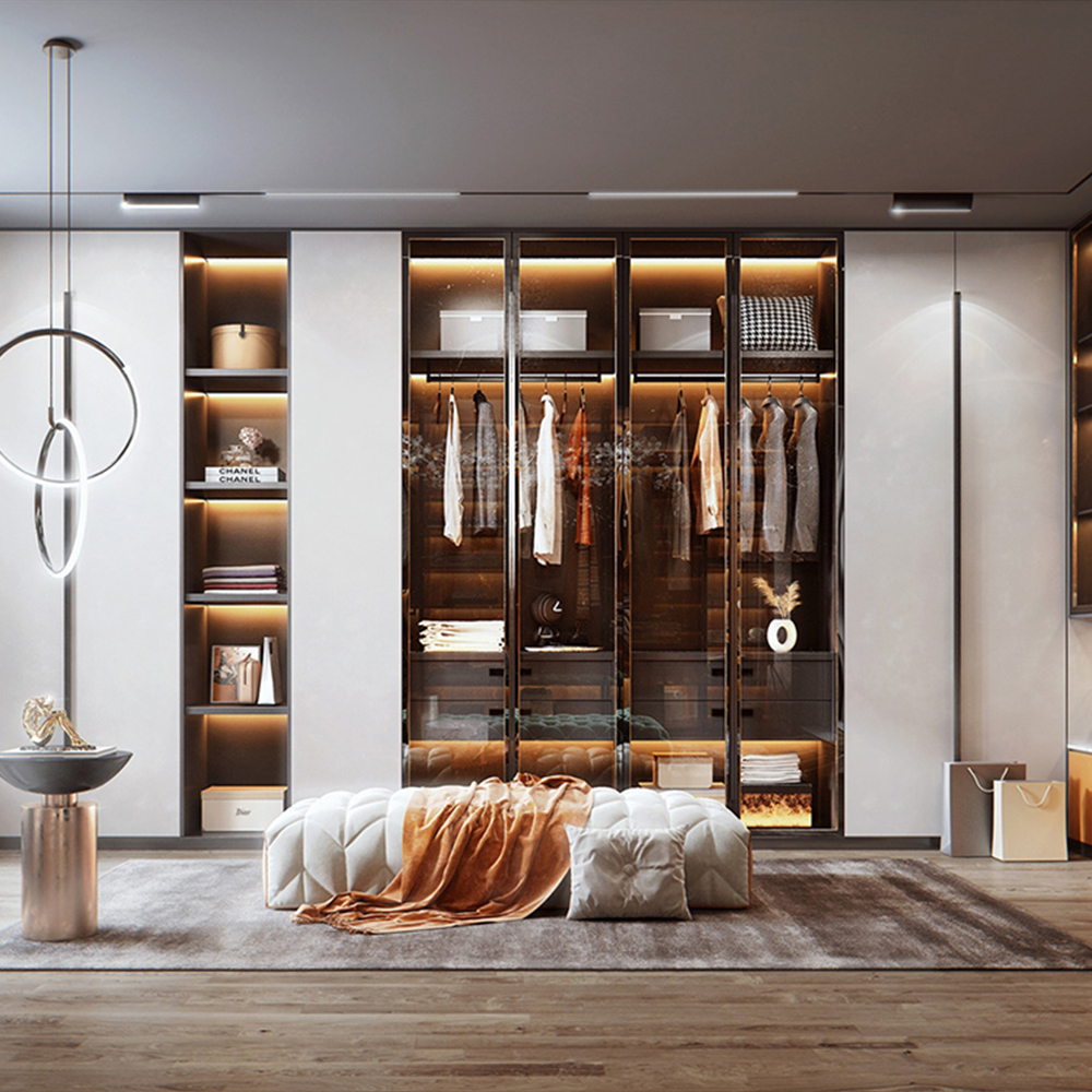 SHUIDAO Modern Full-Wall Wardrobe System with Glass Sliding Doors, LED Lighting & Modular Drawer Unit
