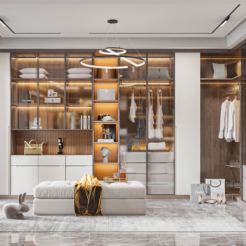 SHUIDAO Modern Full-Wall Wardrobe System with Glass Sliding Doors, LED Lighting & Modular Drawer Unit