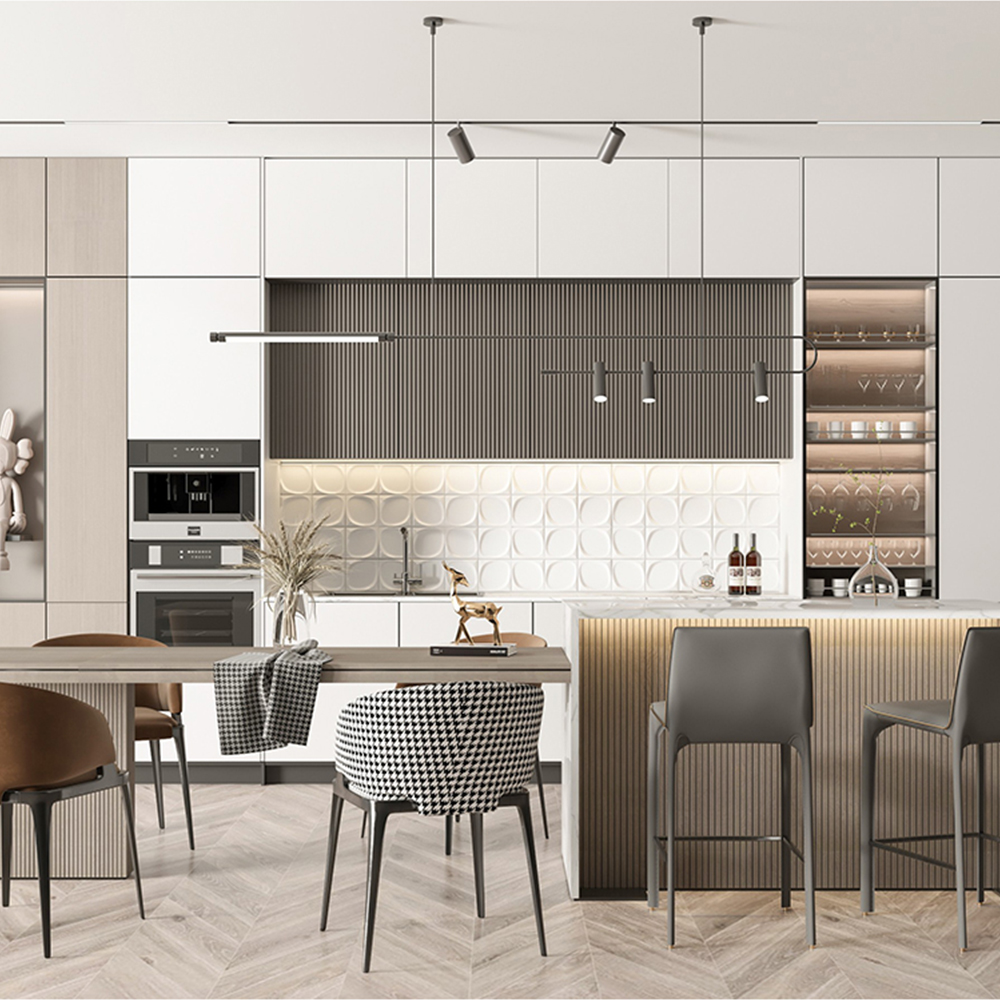 SHUIDAO Modern Open-Plan Kitchen System with Fluted Island, Black Marble Countertop & Natural Wood-Grain Cabinetry