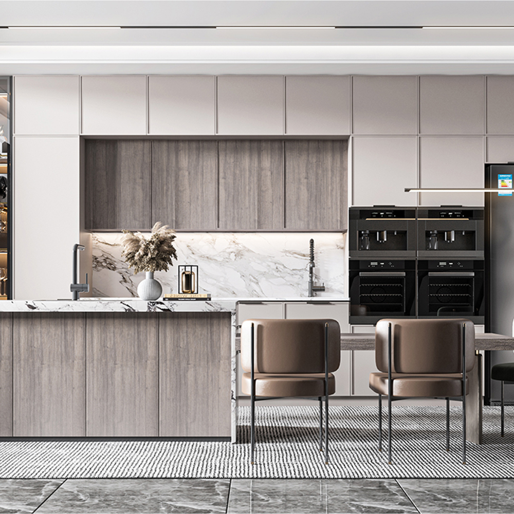SHUIDAO Modern Open-Plan Kitchen System with Fluted Island, Black Marble Countertop & Natural Wood-Grain Cabinetry
