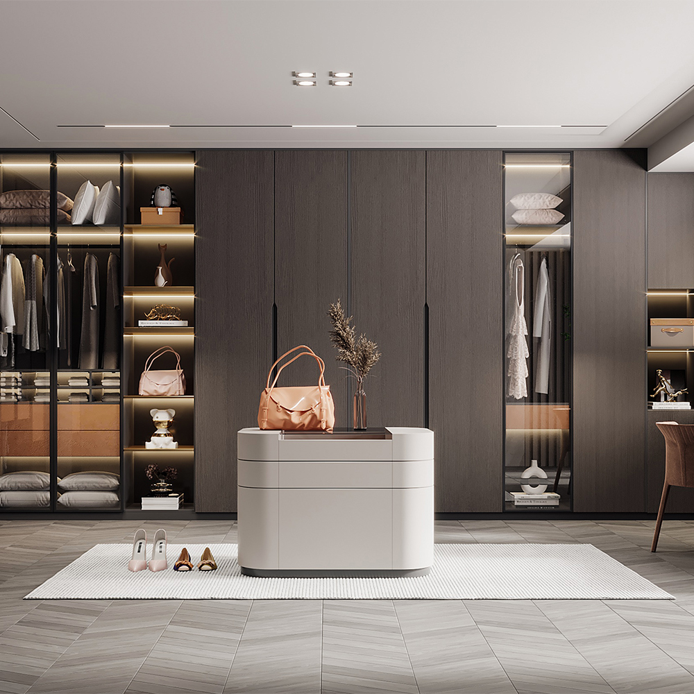 SHUIDAO Luxury Open Walk-In Wardrobe Suite with LED Shelving, Centre Jewellery Island & Vanity Station