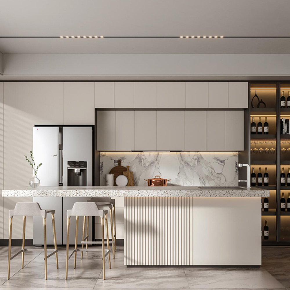 SHUIDAO Modern Open-Plan Kitchen System with Fluted Island, Black Marble Countertop & Natural Wood-Grain Cabinetry
