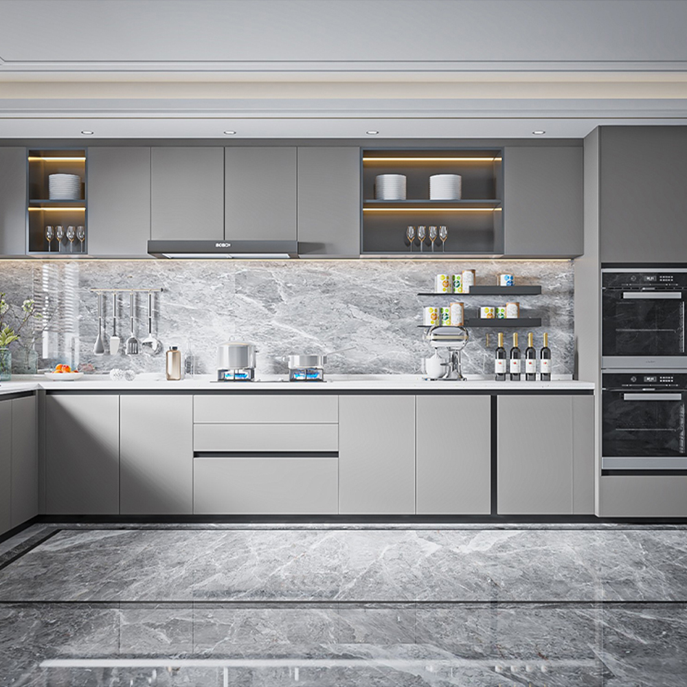 SHUIDAO Modern Open-Plan Kitchen System with Fluted Island, Black Marble Countertop & Natural Wood-Grain Cabinetry