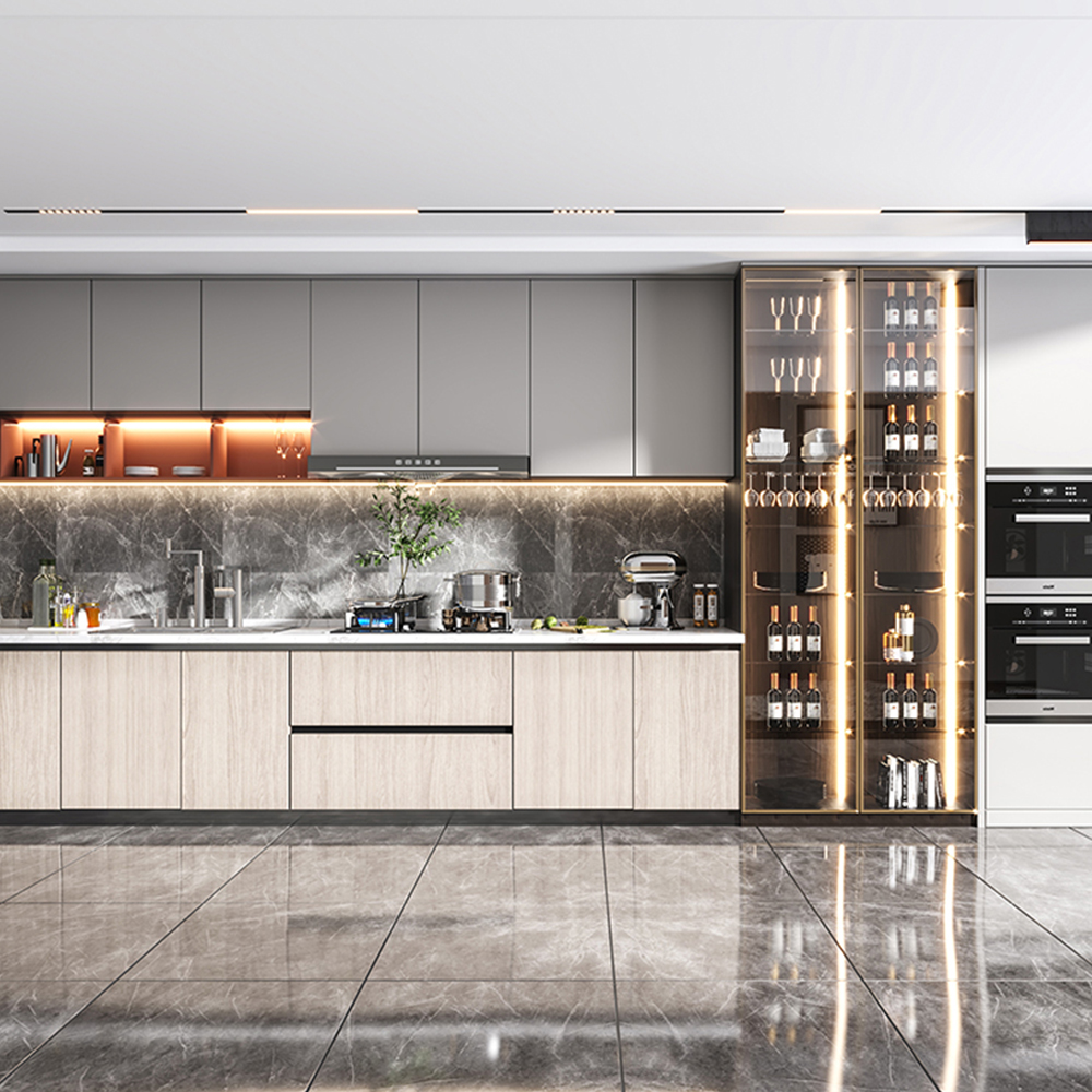 SHUIDAO Modern Open-Plan Kitchen System with Fluted Island, Black Marble Countertop & Natural Wood-Grain Cabinetry