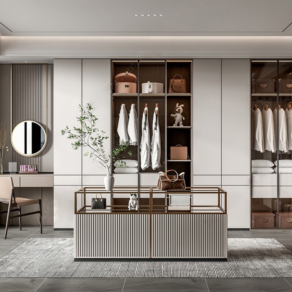 SHUIDAO Luxury Open Walk-In Wardrobe Suite with LED Shelving, Centre Jewellery Island & Vanity Station