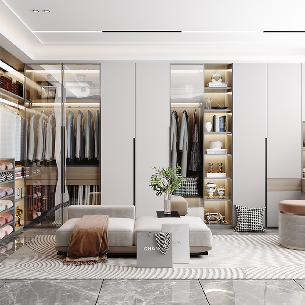 SHUIDAO Luxury Open Walk-In Wardrobe Suite with LED Shelving, Centre Jewellery Island & Vanity Station