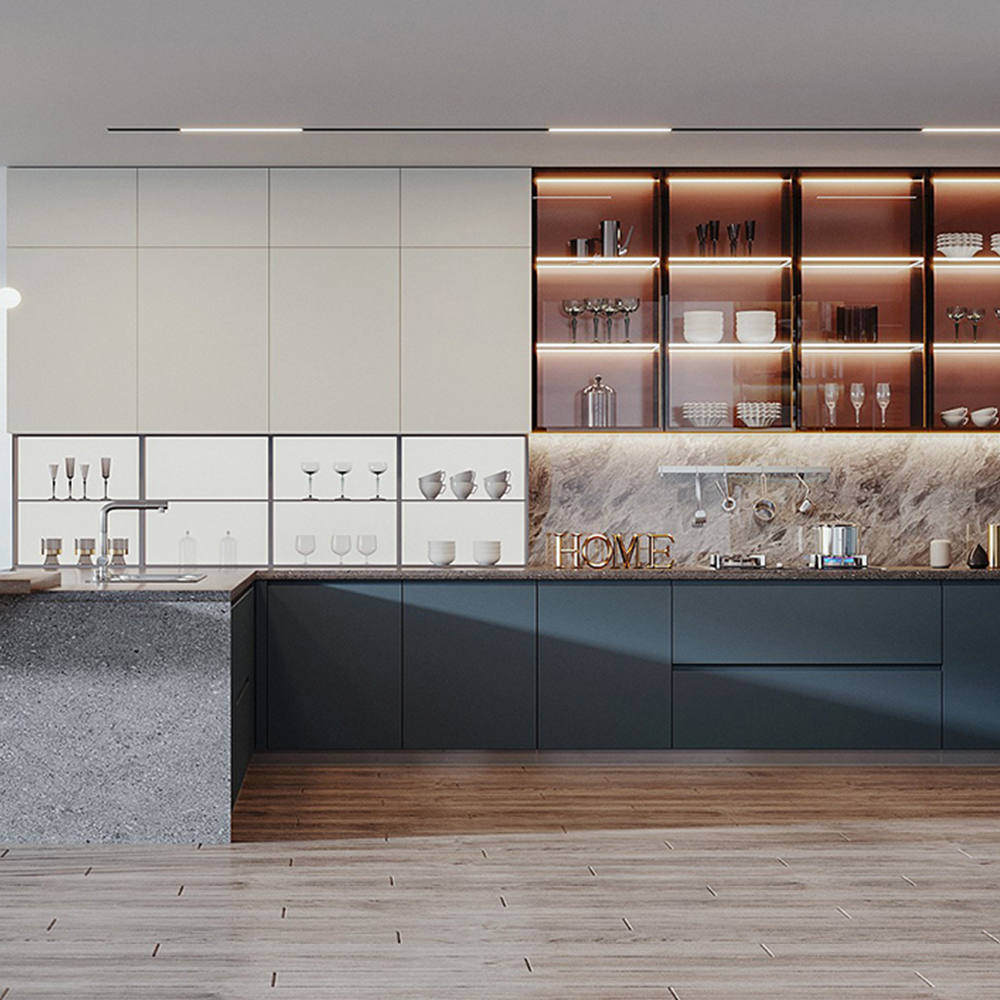 SHUIDAO High-End Contrast Kitchen System with Dark Wood Feature Wall, LED Pantry Display, Island Hood & White Gloss Base Cabinets