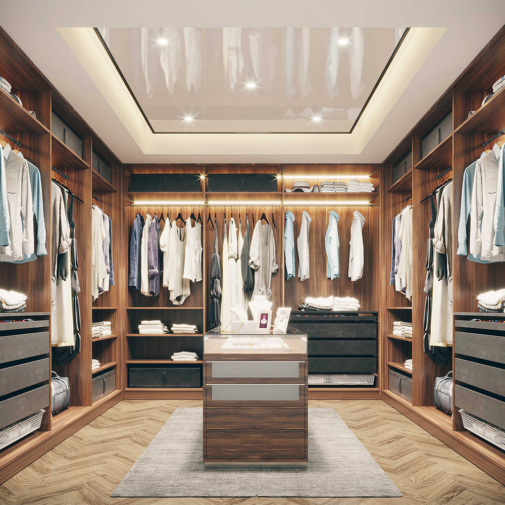 SHUIDAO French Classic Walk-In Wardrobe with Carved Detailing, Centre Island & Chandelier Lighting
