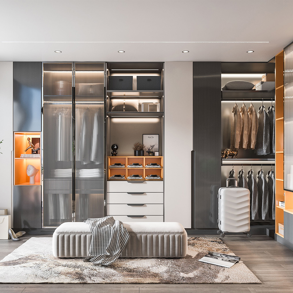 SHUIDAO Luxury Open Walk-In Wardrobe Suite with LED Shelving, Centre Jewellery Island & Vanity Station