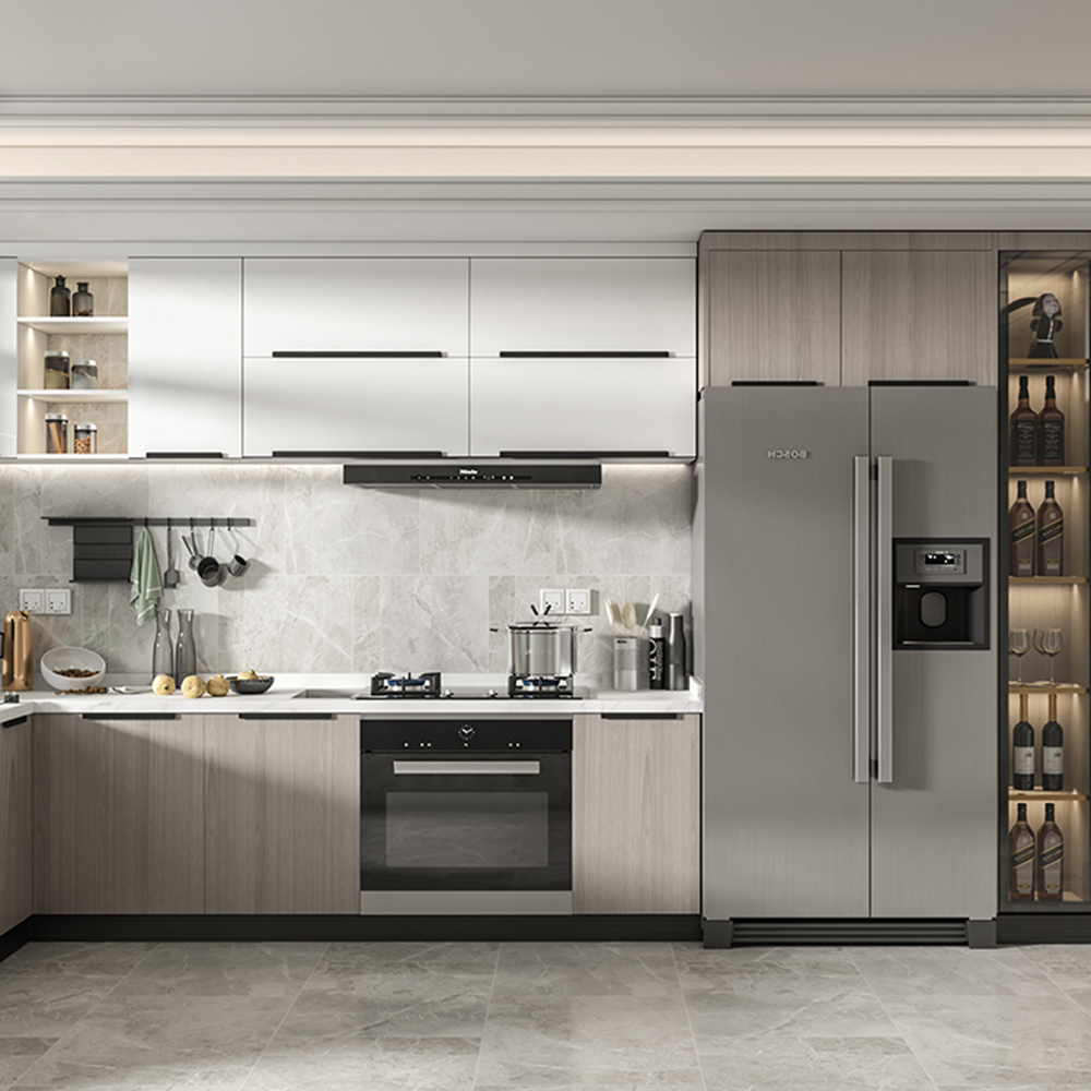 SHUIDAO Modern Two-Material Kitchen System with Wood-Grain Base, Matte Grey Upper Cabinets, Marble Backsplash & Integrated Oven Tower
