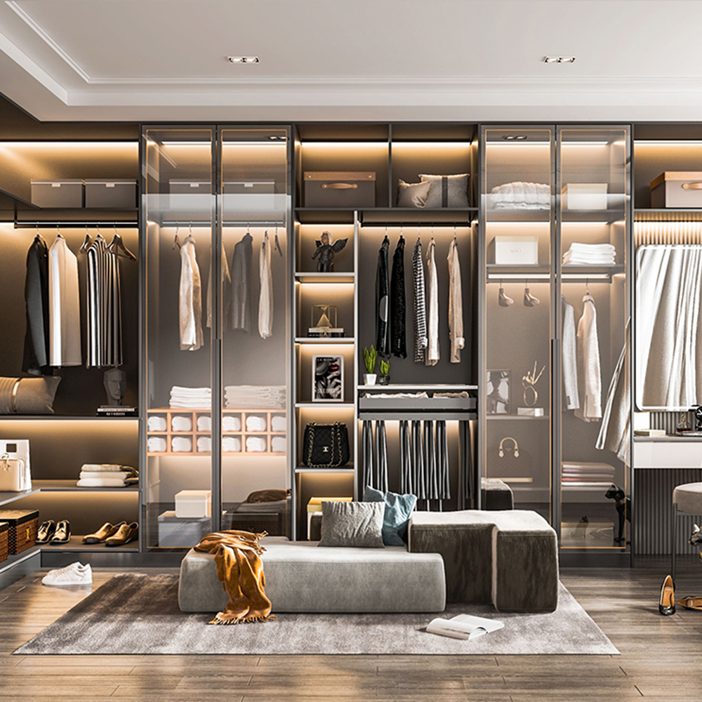 SHUIDAO Modern Integrated Wardrobe System with Built-In Vanity Dressing Table & Glass Sliding Doors