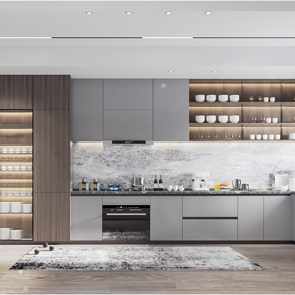 SHUIDAO Modern Two-Material Kitchen System with Wood-Grain Base, Matte Grey Upper Cabinets, Marble Backsplash & Integrated Oven Tower