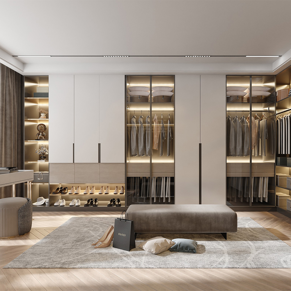 SHUIDAO Modern Integrated Wardrobe System with Built-In Vanity Dressing Table & Glass Sliding Doors
