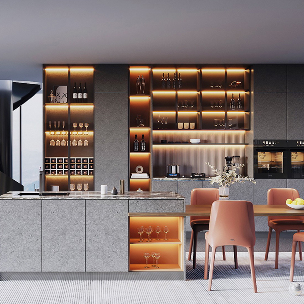 SHUIDAO High-End Contrast Kitchen System with Dark Wood Feature Wall, LED Pantry Display, Island Hood & White Gloss Base Cabinets