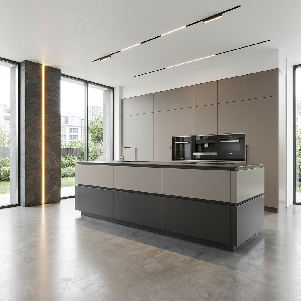 SHUIDAO Open-Plan Kitchen & Dining Integration System with Marble Island-Dining Table, Fluted Feature Wall & Sculptural Wave Pendant