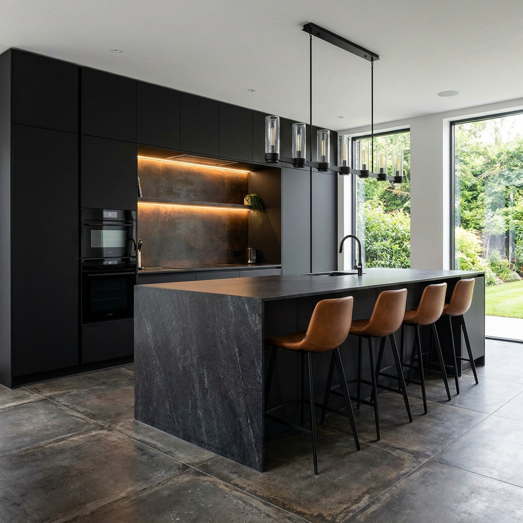 SHUIDAO Open-Plan Kitchen & Dining Integration System with Marble Island-Dining Table, Fluted Feature Wall & Sculptural Wave Pendant
