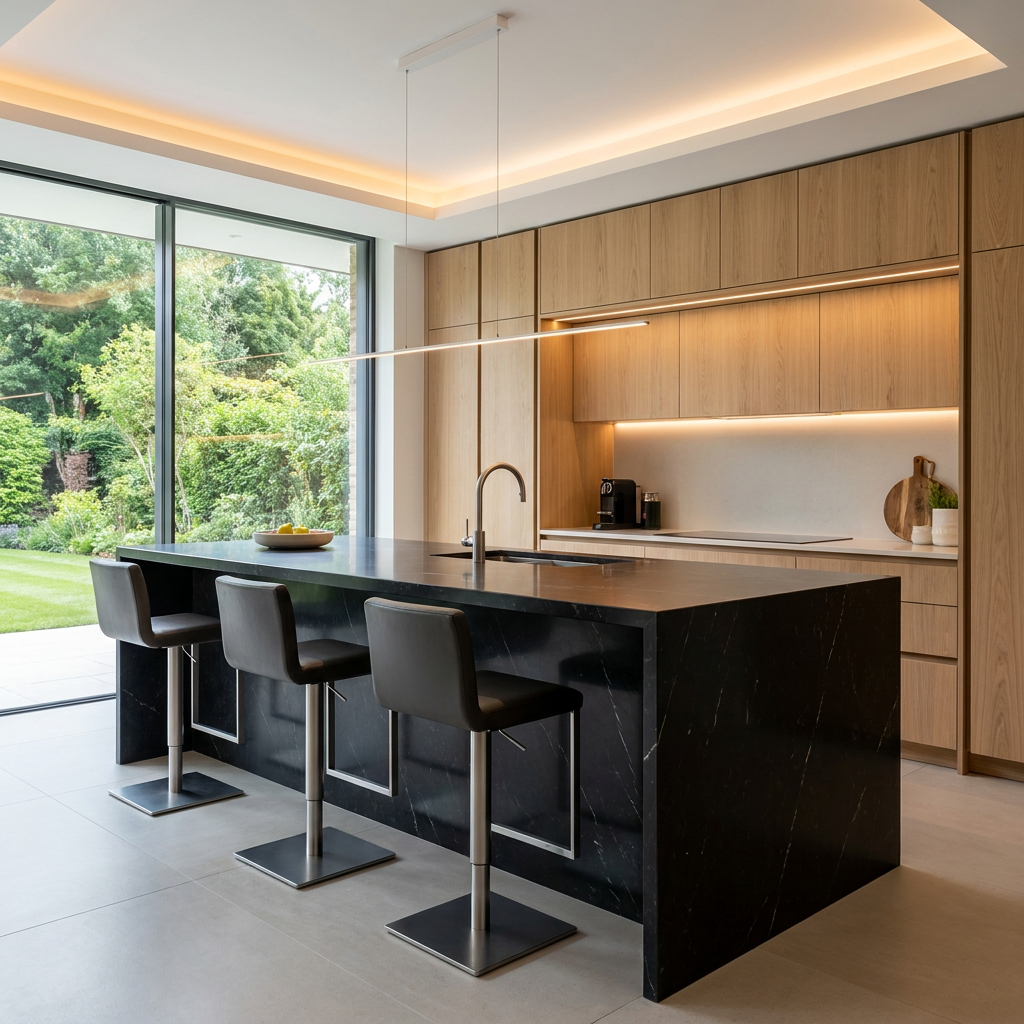 SHUIDAO Minimalist Kitchen System with Slatted Wood Island, Dark Stone Countertop & Warm Taupe Cabinetry