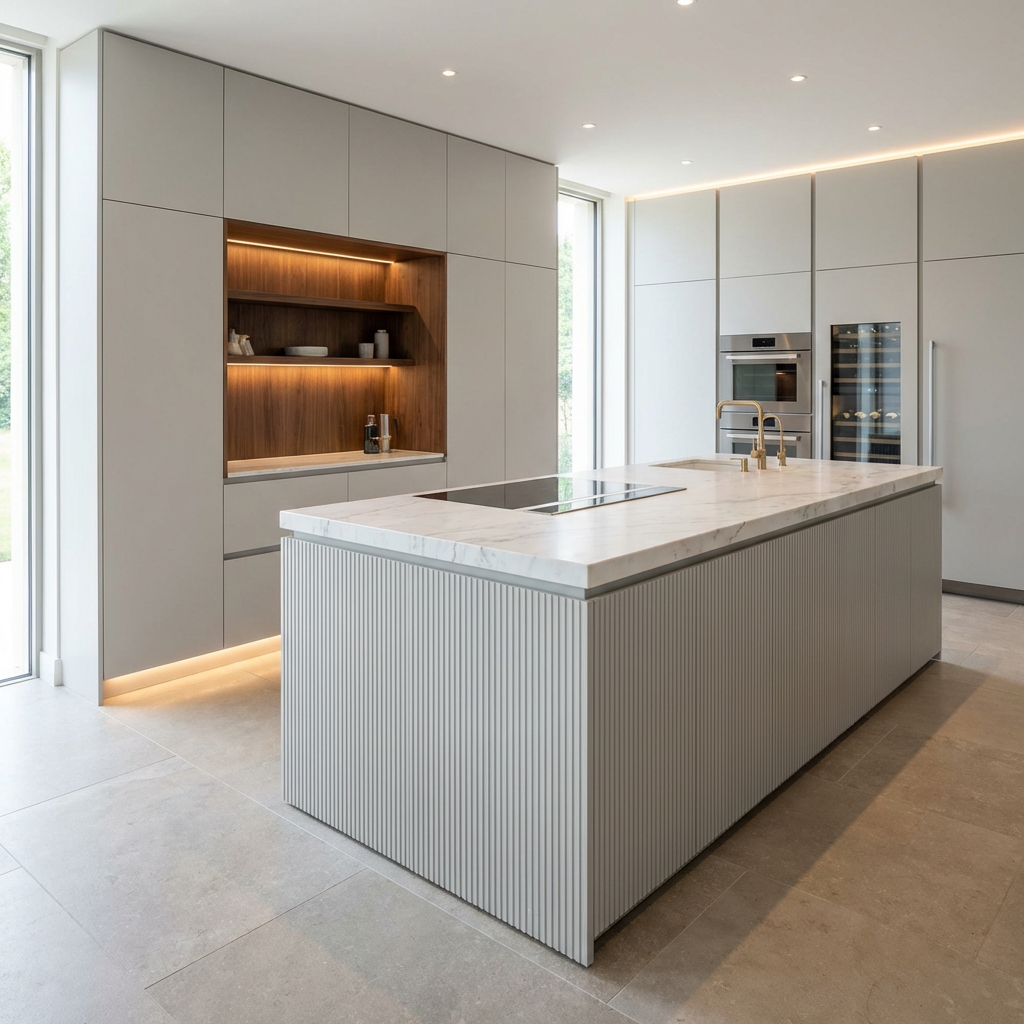 SHUIDAO Open-Plan Kitchen & Dining Integration System with Marble Island-Dining Table, Fluted Feature Wall & Sculptural Wave Pendant