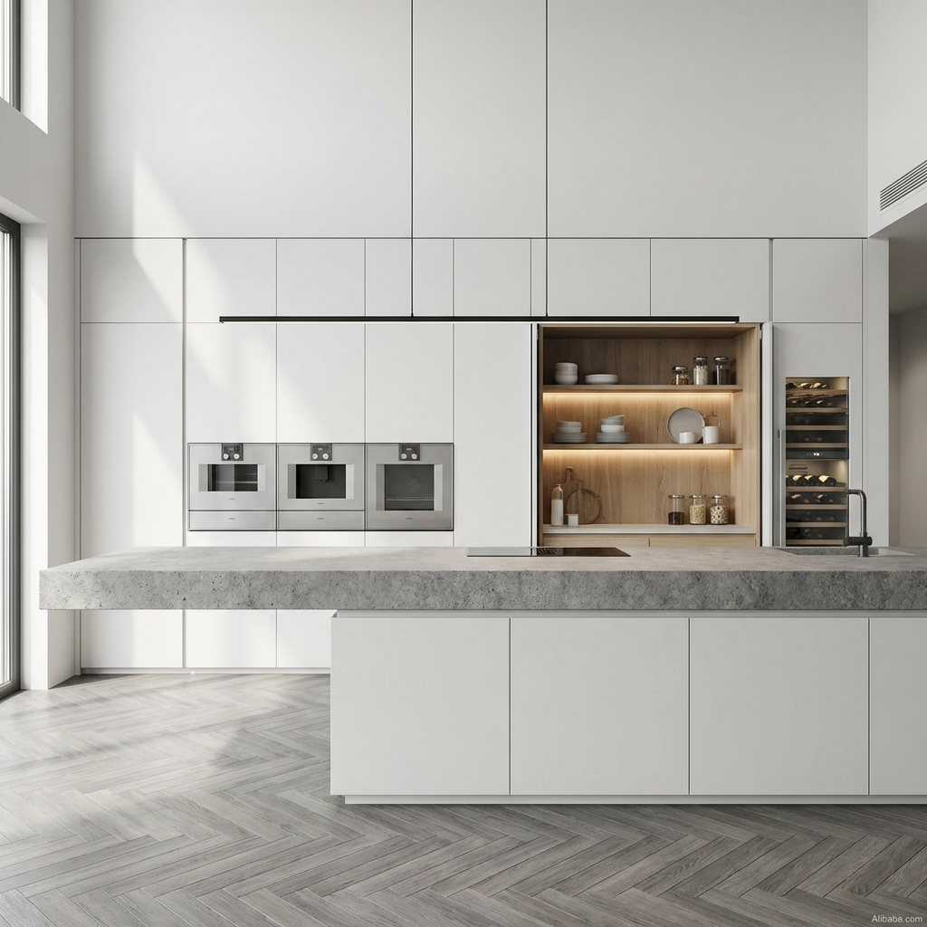 SHUIDAO Modern Two-Material Kitchen System with Wood-Grain Base, Matte Grey Upper Cabinets, Marble Backsplash & Integrated Oven Tower