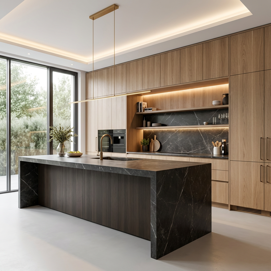 SHUIDAO Minimalist Kitchen System with Slatted Wood Island, Dark Stone Countertop & Warm Taupe Cabinetry