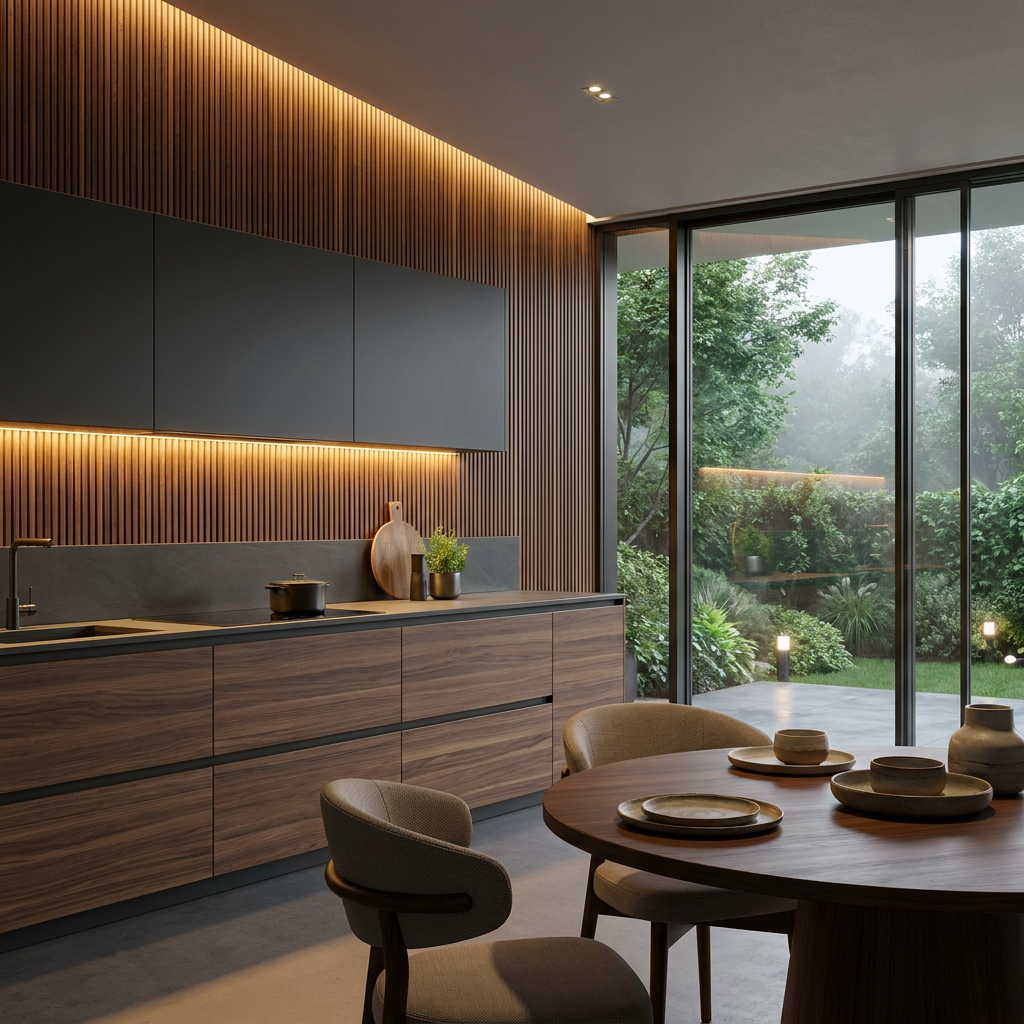 SHUIDAO Open-Plan Kitchen & Dining Integration System with Marble Island-Dining Table, Fluted Feature Wall & Sculptural Wave Pendant