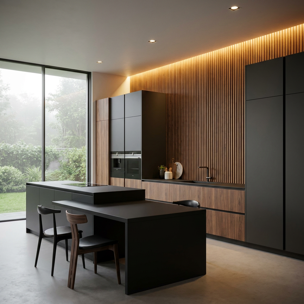 SHUIDAO Minimalist Kitchen System with Slatted Wood Island, Dark Stone Countertop & Warm Taupe Cabinetry