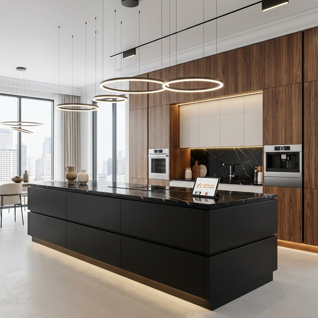 SHUIDAO Minimalist Kitchen System with Slatted Wood Island, Dark Stone Countertop & Warm Taupe Cabinetry