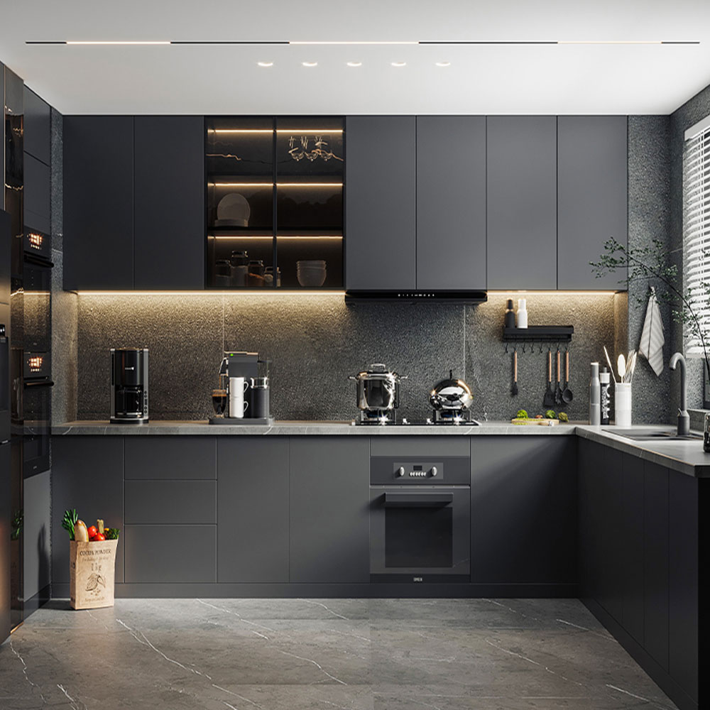 SHUIDAO Modern L-Shaped Kitchen Cabinet System — Matte Grey & White with Glass Display Unit, LED Under-Cabinet Lighting & Full Appliance Integration