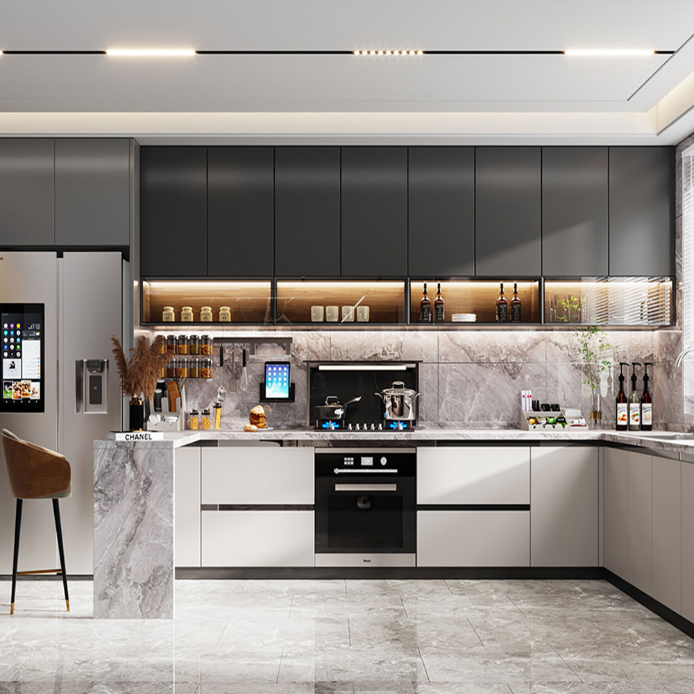 SHUIDAO Modern L-Shaped Kitchen Cabinet System — Matte Grey & White with Glass Display Unit, LED Under-Cabinet Lighting & Full Appliance Integration