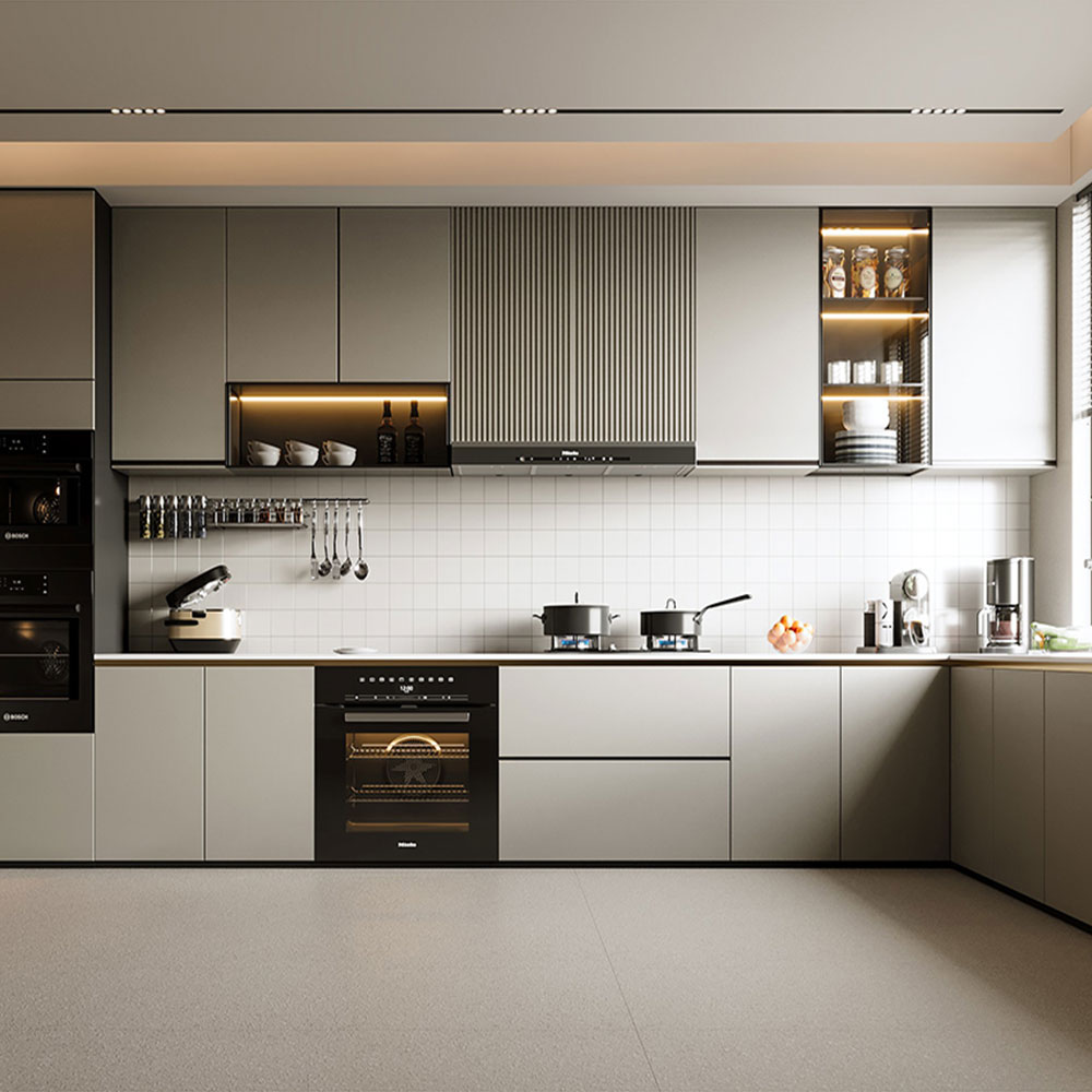 SHUIDAO Modern L-Shaped Kitchen Cabinet System — Matte Grey & White with Glass Display Unit, LED Under-Cabinet Lighting & Full Appliance Integration