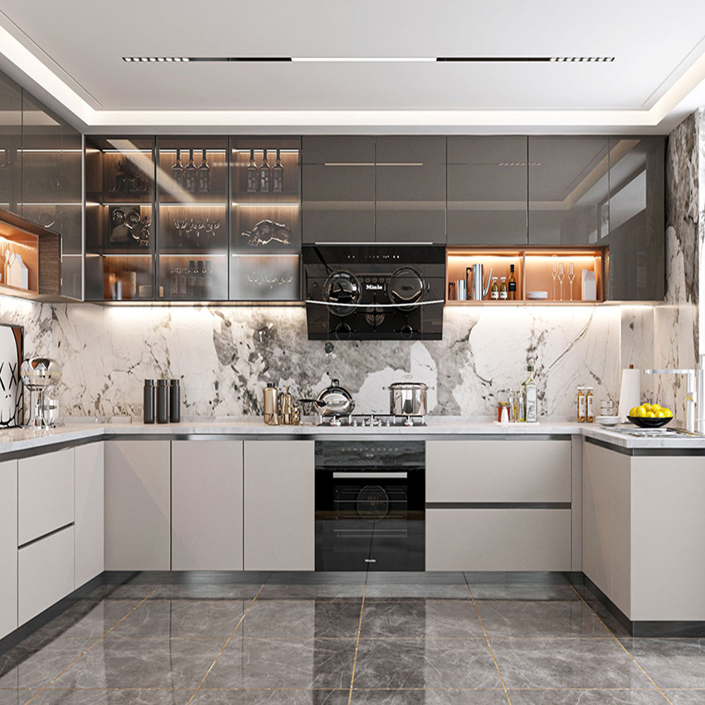 SHUIDAO Modern L-Shaped Kitchen Cabinet System — Matte Grey & White with Glass Display Unit, LED Under-Cabinet Lighting & Full Appliance Integration