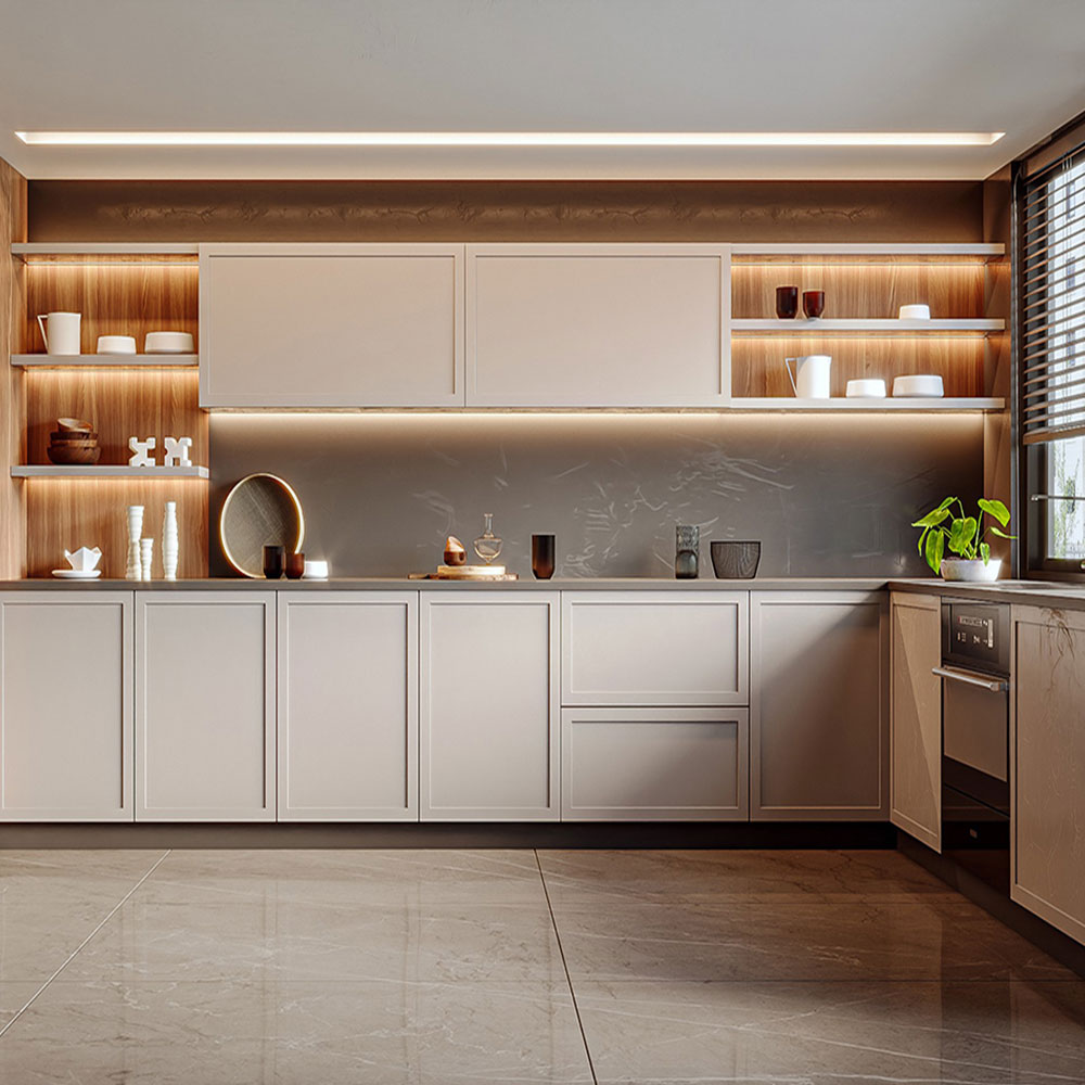 SHUIDAO Modern L-Shaped Kitchen Cabinet System — Matte Grey & White with Glass Display Unit, LED Under-Cabinet Lighting & Full Appliance Integration