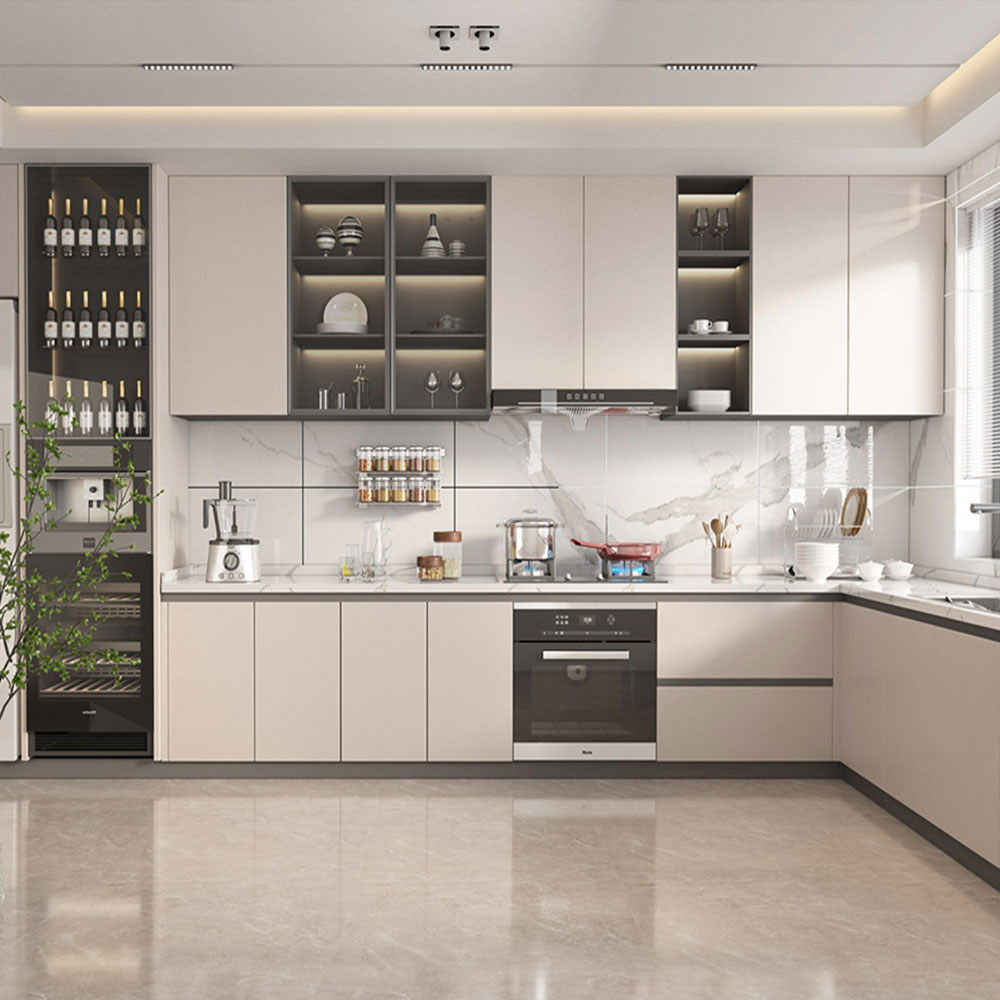 SHUIDAO Modern Matte Black L-Shaped Kitchen Cabinet System with Marble Countertop & LED Display Shelving