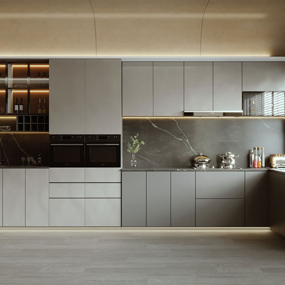 SHUIDAO Modern Matte Black L-Shaped Kitchen Cabinet System with Marble Countertop & LED Display Shelving